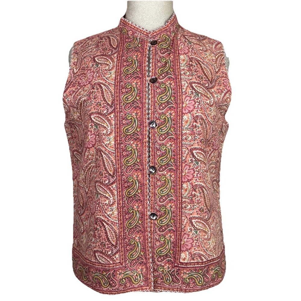Vtg Orvis Vest Womens S Pink Paisley Cotton Button Cottage Boho Gilet Ren Faire